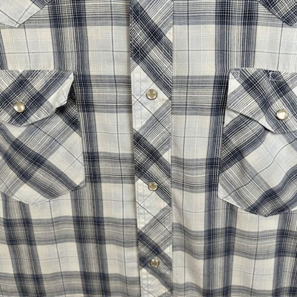 Wrangler Vintage Pearl Snap Short Sleeve Blue Plaid Shirt Front Pockets Size 2XL - Picture 3 of 8